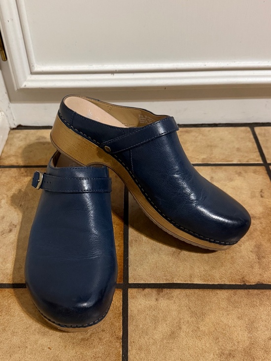 Dansko Shoes - Dansko Navy Blue Leather Clogs — Adjustable Buckle Strap